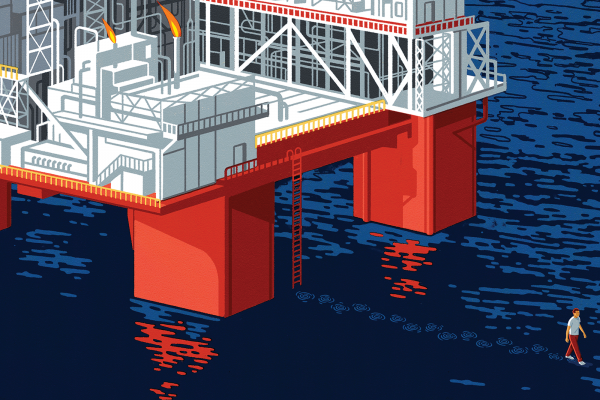 Illustration of a person walking on water away from an oil rig