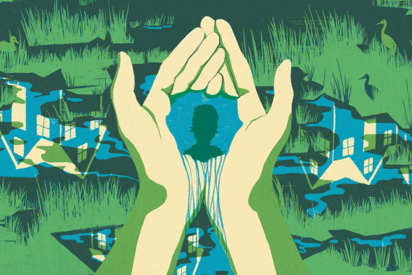 The illustration shows a pair of cupped hands holding water with the silhouette of a person reflected in it. In the background of the image there are wetlands, fractured by images of house and development. 