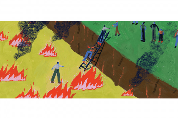 An illustration of people climbing up a ladder, out of a ditch that is on fire. At the top of the ladder is green grass and a person helping them up.