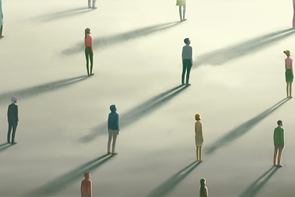 Illustration of people standing far apart with elongated shadows behind them.