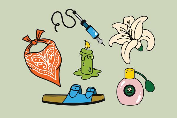 An illustration of several git items (from article) on a light green background: a red bandana with white patterning, one blue Birkenstock sandal, a green candle, a blue tattoo engraving pen, a white lily, and perfume in a round pink bottle.