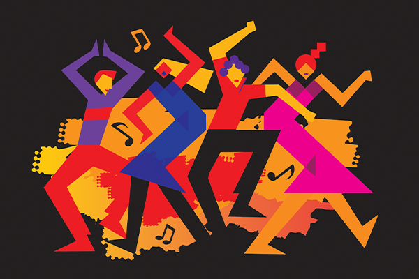 Abstract illustration of dancing figures with musical notes floating in background.