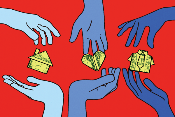 an illustration of hands in various shades of blue passing origami made out of dollar bills to each other, on a red background. The origami is in the shape of a house, a heart, and a shirt. 