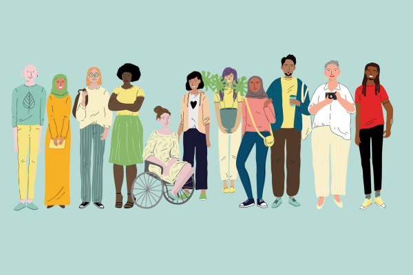 The illustration shows a diverse group of people standing in a row. 