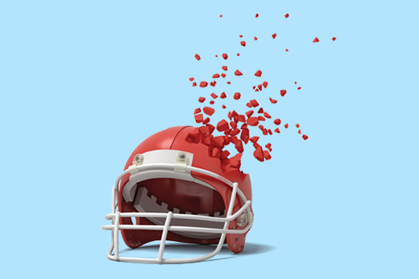 A red football helmet against a white background has parts of its outer shell disintegrating and floating off.