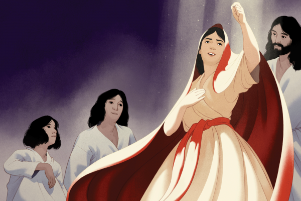 The illustration shows Mary illuminated by a ray of light wearing a white robe and cape with a red ribbon. She is holding one hand to her heart and the other is raised in a nonviolent protest. Behind her are three unnamed figures in white robes. 