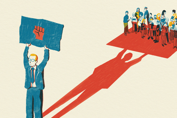 The illustration shows a man in a suit holding up a blue poster with a solidarity fist. In the shadow of the poster is a group of people. 