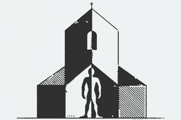 Illustration of human figure within a church building created with black and white blocks