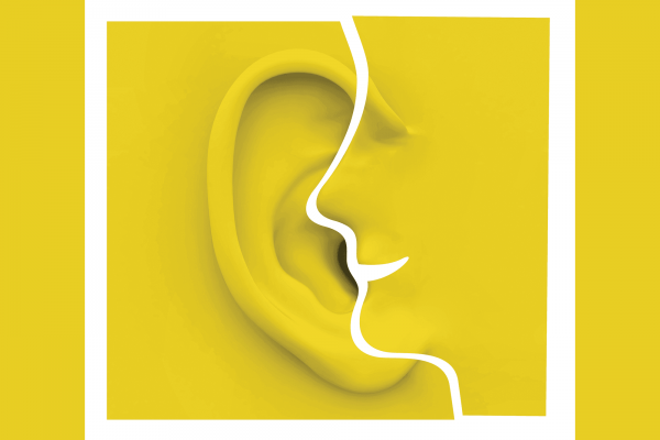 Illustration of a human face overlaid over the edge of an ear