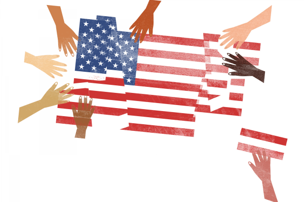 Illustration of many hands of different skin tones clutches pieces of an American flag