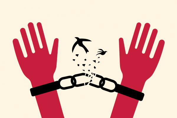 The illustration shows red hands in handcuffs that have been broken by a peace dove