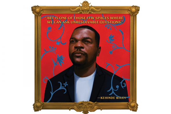 An illustration of Kehinde Wiley with his quote, "Art is one of those few spaces where we can ask unresolvable questions."