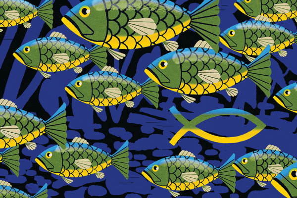 Illustration of many fish swimming one way with an Ichthys or "Jesus Fish" swimming the other way