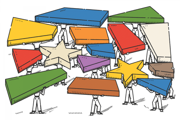 Illustration of people holding up stars and colorful building blocks.