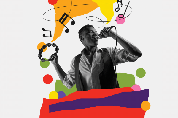 The image shows a Black man singing and shaking a tambourine with colorful doodles around him. 