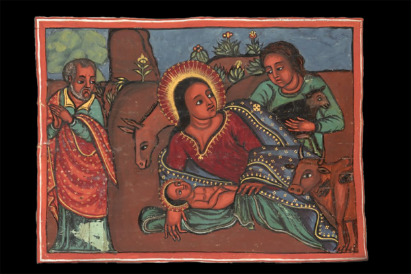 An ancient illustration of Mary giving birth to Jesus with the help of midwives as they are surrounded by animals.