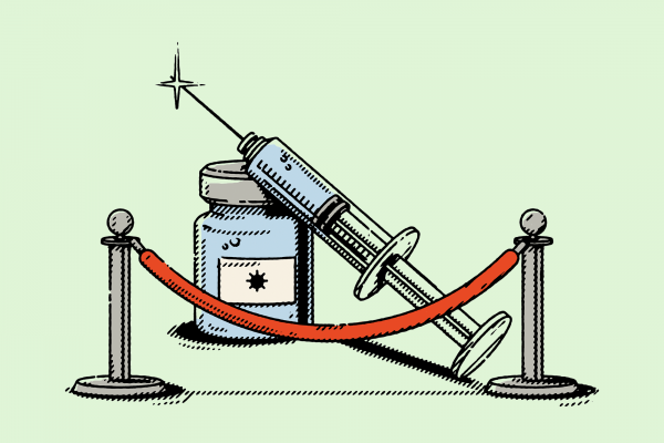 Illustration of a vaccine needle behind a barrier.