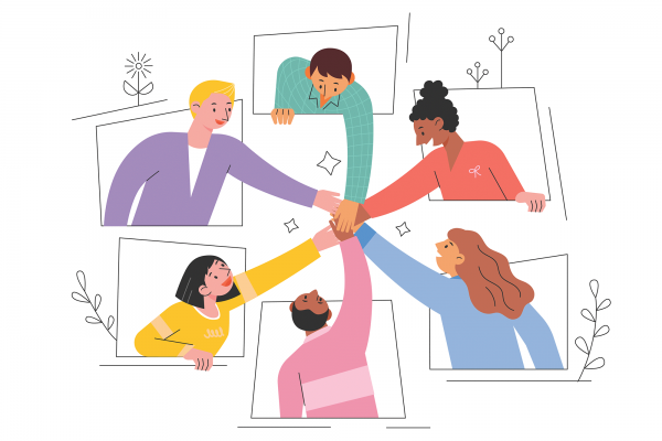 The illustration shows six people, each housed in a box, reaching out of their box to put their hands together. 