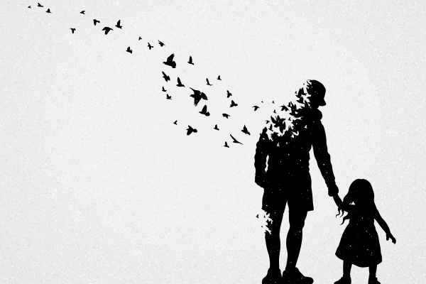 The illustration show the silhouette of a father holding a child's hand, as he dissolves into butterflies. 