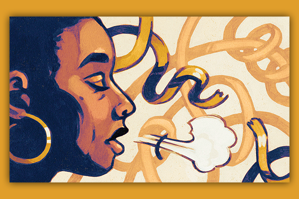 Illustration of a black woman with big gold hoop earrings blowing out a breath in front of a gold ribbon background.