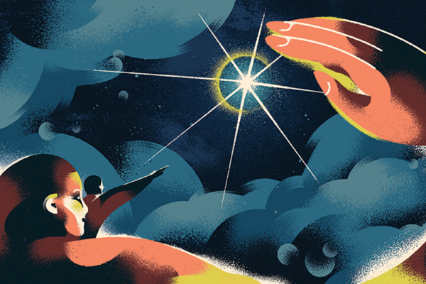 An illustration of two people in the bottom left corner of the image who are looking up into the night sky, where the Star of Bethlehem pierces through the clouds.