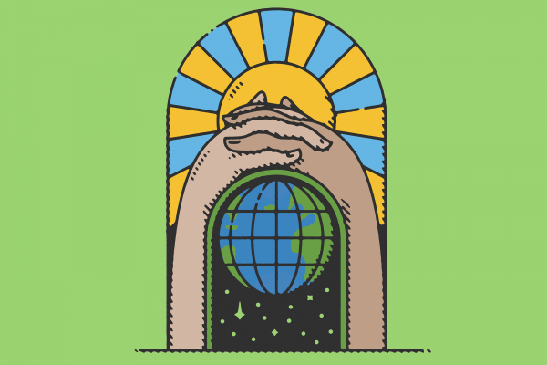 Illustration of hands folded in prayer forming a doorway above planet Earth