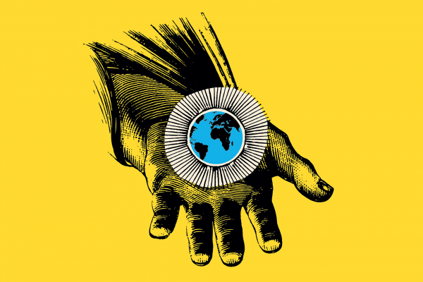 Illustration of a dark hand holding in its palm a haloed planet Earth 