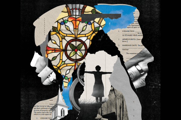 Collage of divorce papers, stained-glass windows, and the side profiles of a woman and a man.