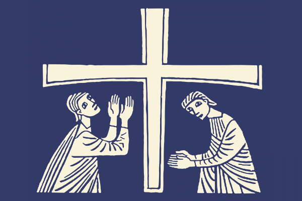 The illustration shows a shows cross with two figures praying to it 