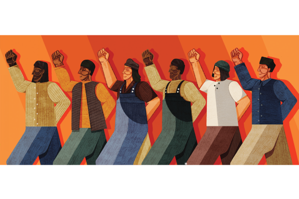Illustration of a multiracial group of people with their fists raised