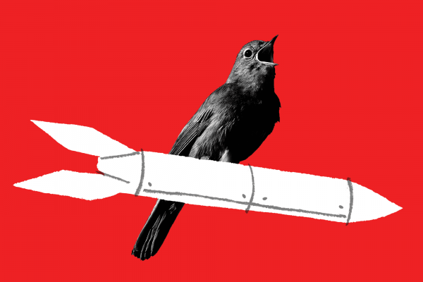 Illustration of a nightingale singing on top of a missile against a red background