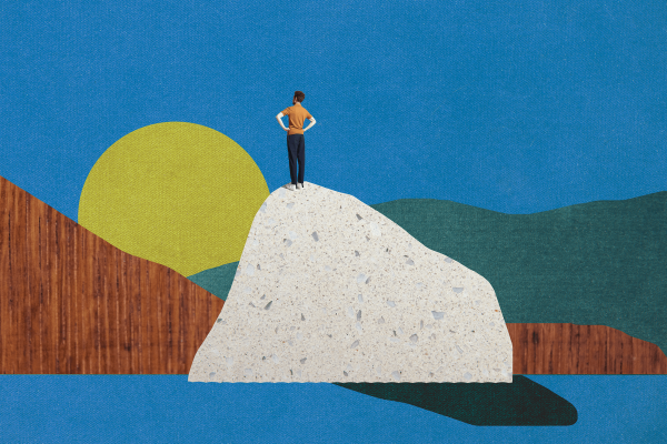 Illustration of a man standing on top of a hill looking off into the sunset