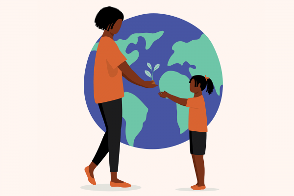The illustration shows a Black woman in a orange shirt handing a sprout to a Black girl in a orange shirt, in front of an image of a globe 