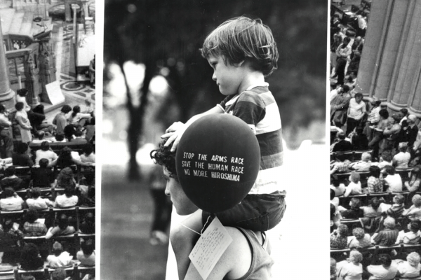 The image is a black and white photograph of a child on the shoulders of a woman, holding a ballon that says "stop the arms race, save the human race, no more hiroshima" and it is overlayed on a black and white image of people in a church.