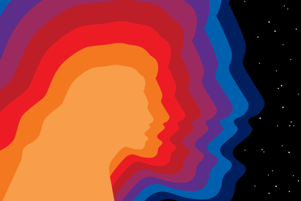 Outlines of multiple faces with their mouths open as if singing or shouting. The faces overlap and are different colors.