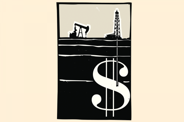 The illustration shows a fracking drill, extracting a giant dollar sign from under the earth. 