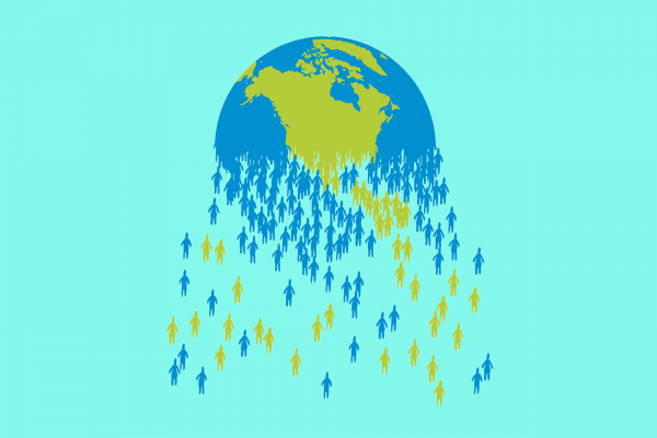 A graphic of the Earth. The bottom half dissipates into a bunch of little stick figures of green and blue, the same colors as the globe.