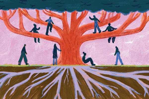 An illustration of a tree and its roots with people along the branches and trunk