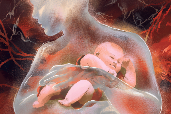 The illustration shows a semi-transparent person holding a newborn infant on a red, tendril-esque background. 