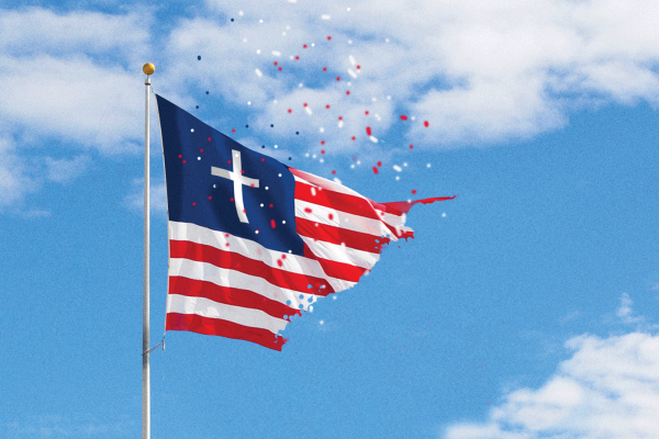 The image is a American flag with a white cross in the blue section, disintegrating into the wind on a blue background, 