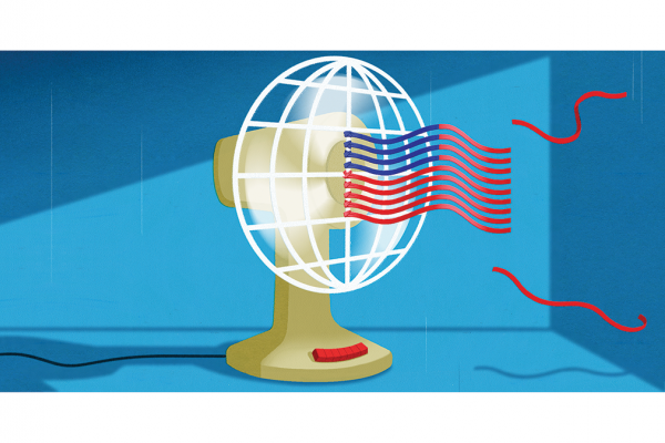 An illustration of a fan with ribbons waving about in the shape of an American flag, with some of the red lines blowing off.