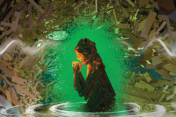 Illustration of a woman kneeling in prayer, surrounded by a green light.