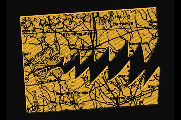 A map is cut out to look like a pac man with chomping, sharp teeth.