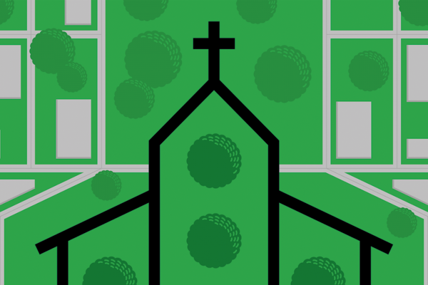 A graphic of an outline of a church building and an aerial view of sidewalks and neighborhood streets.