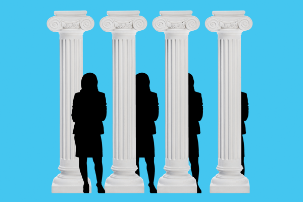Greek columns with a silhouette of Vice President Kamala Harris.