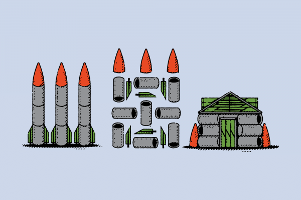 Illustration of nuclear weapons being deconstructed and rebuilt into a house.