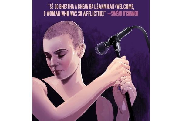 The illustration shows a white woman with a buzzcut holding a microphone stand. She is wearing a black tank top. Over head are the lyrics "Welcome, O' woman who was afflicted"