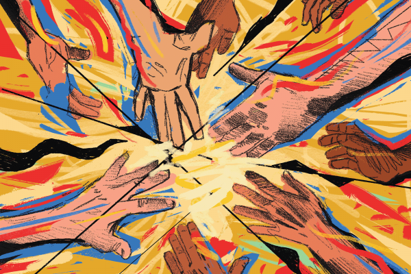 The illustration is a bunch of hands reaching towards something in the middle, with flames surrounding them, and lines criss-crossing the image, to give it a fractured look 