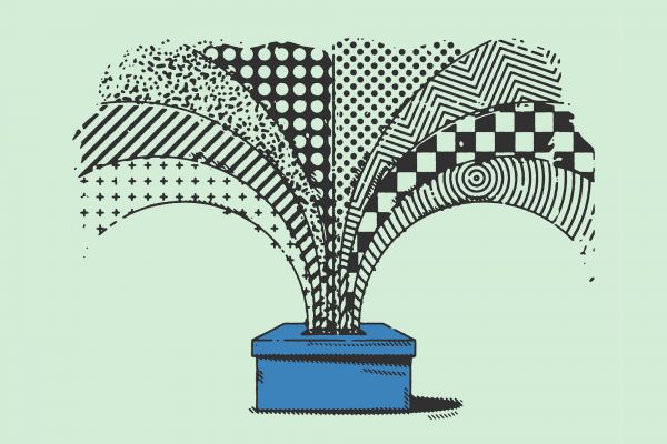 An illustration of a voting box bursting with polka dots, stripes, stars, etc.