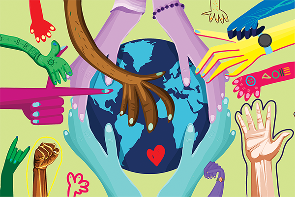 Illustration of several hands, all different colors from green to blue to purple, circled around and caressing a globe.